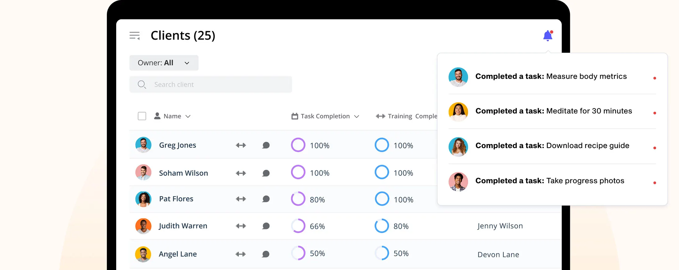 Stay in-sync with Client Results, in a Snap habit coaching online personal training platform